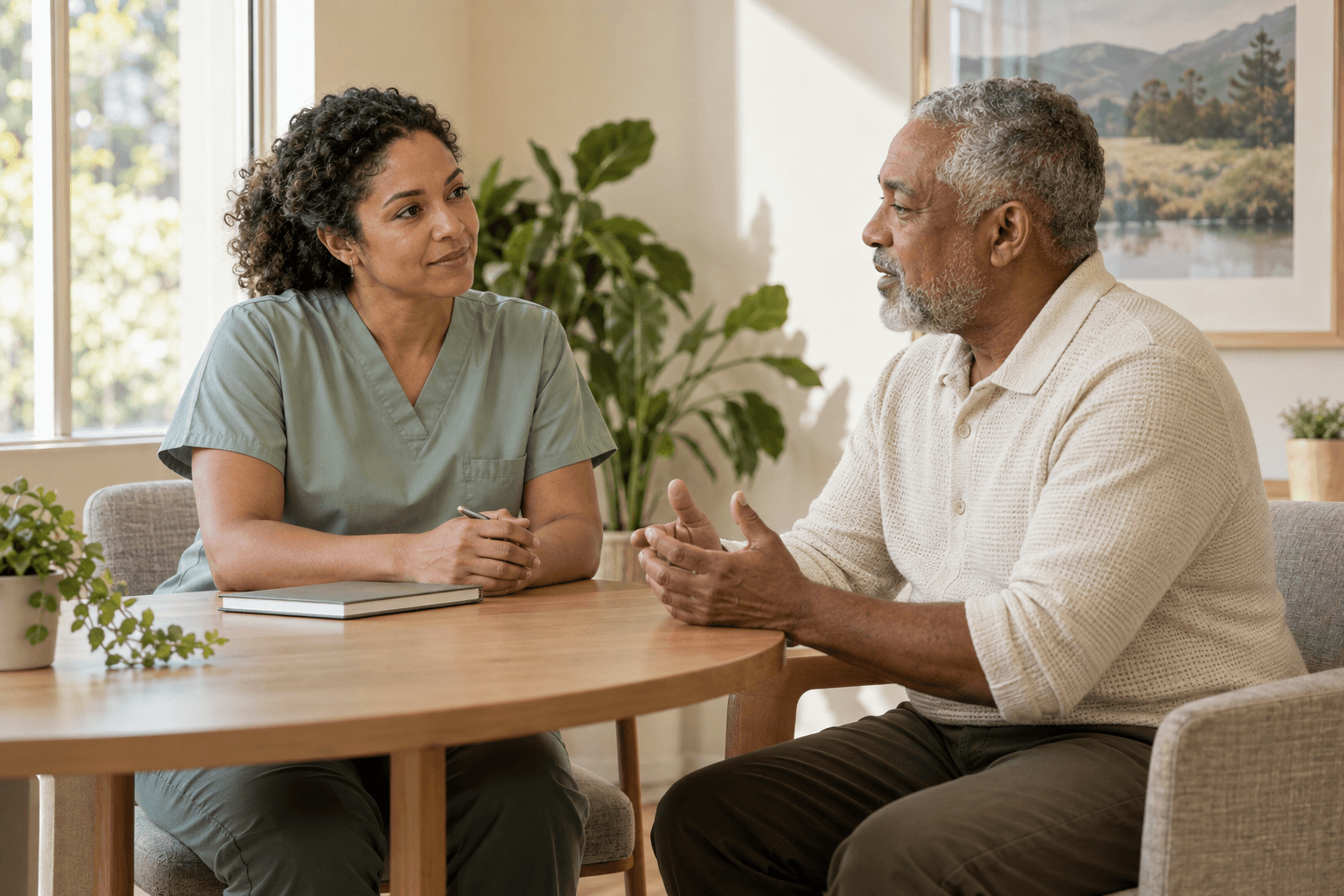A clinician listening attentively to an older man in a sunlit consultation room
