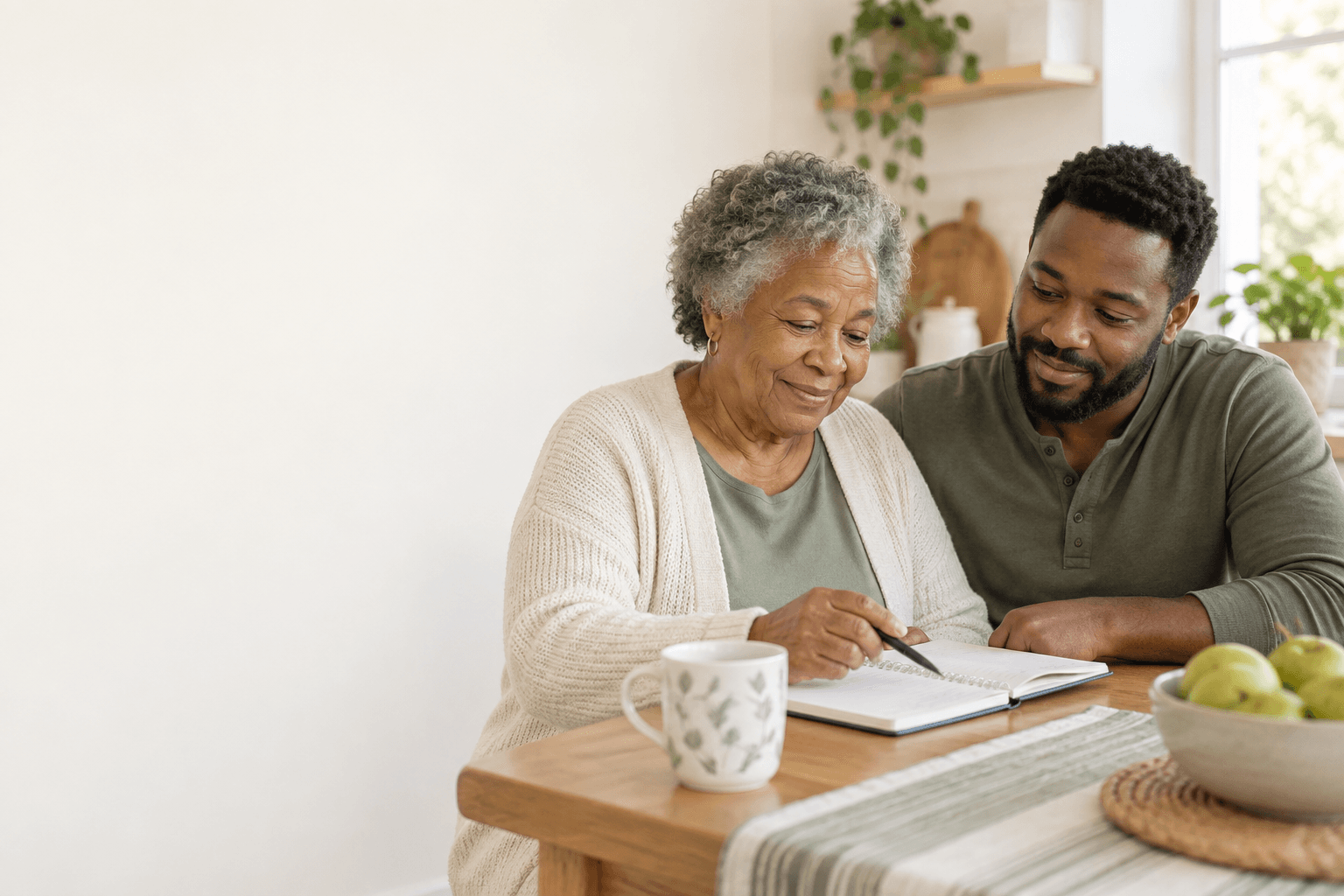 A mother and her adult son reviewing a notebook together at home